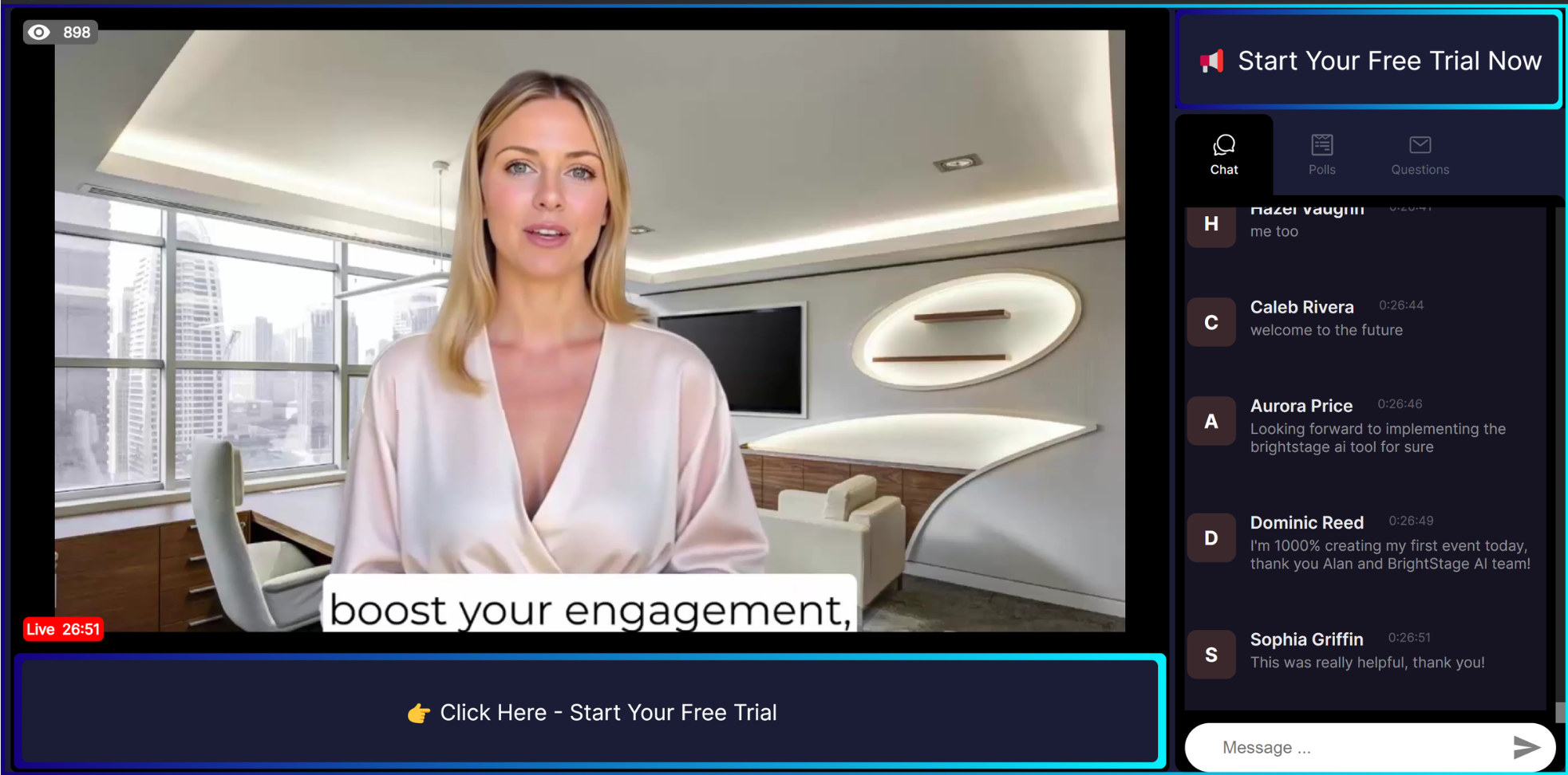 A live AI Event seen by an attendee, with the chat panel and the sticky offer message