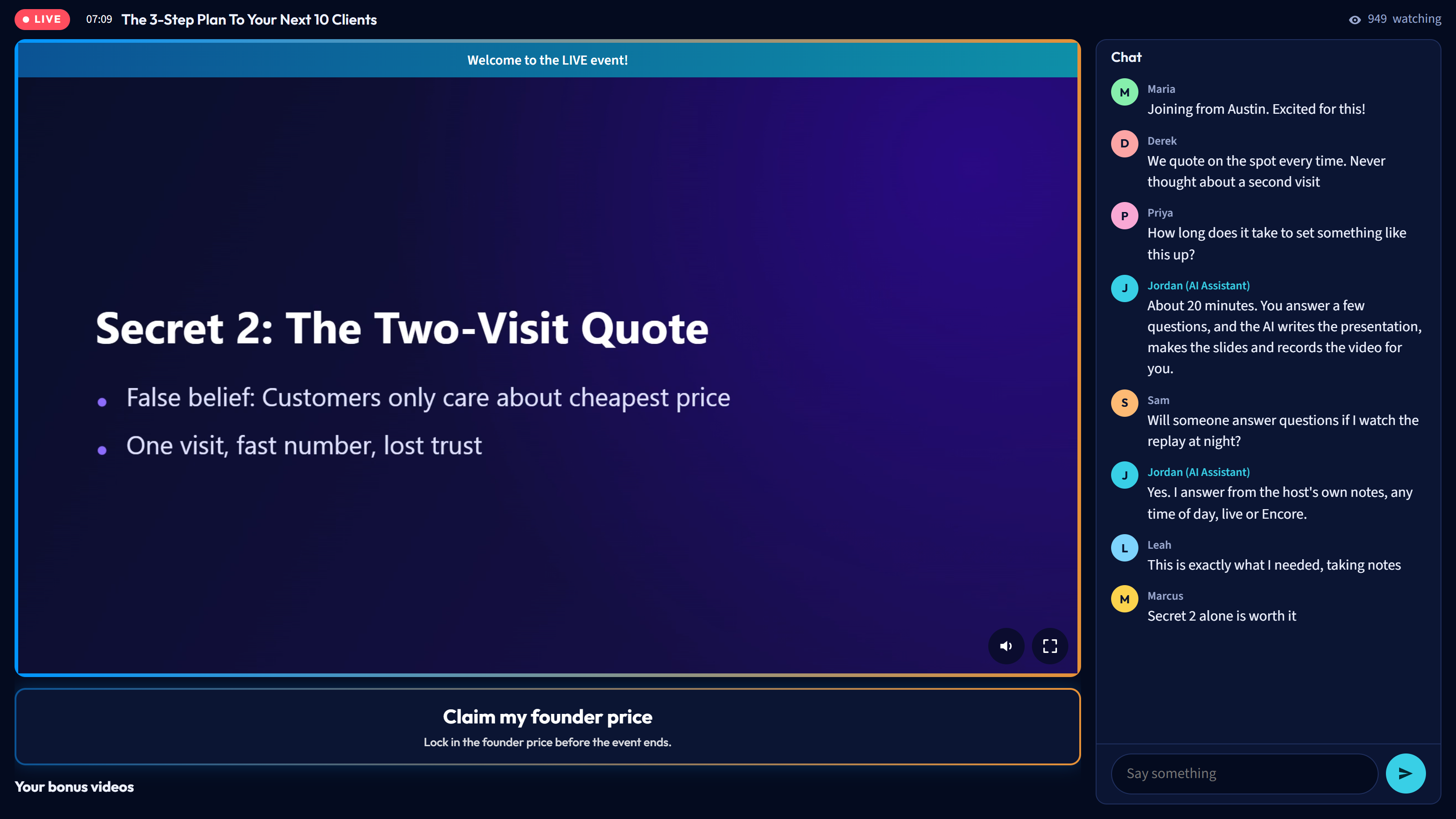 The BrightStage AI event room: an AI-made presentation playing, the AI assistant answering attendees in chat, and the offer button below the video